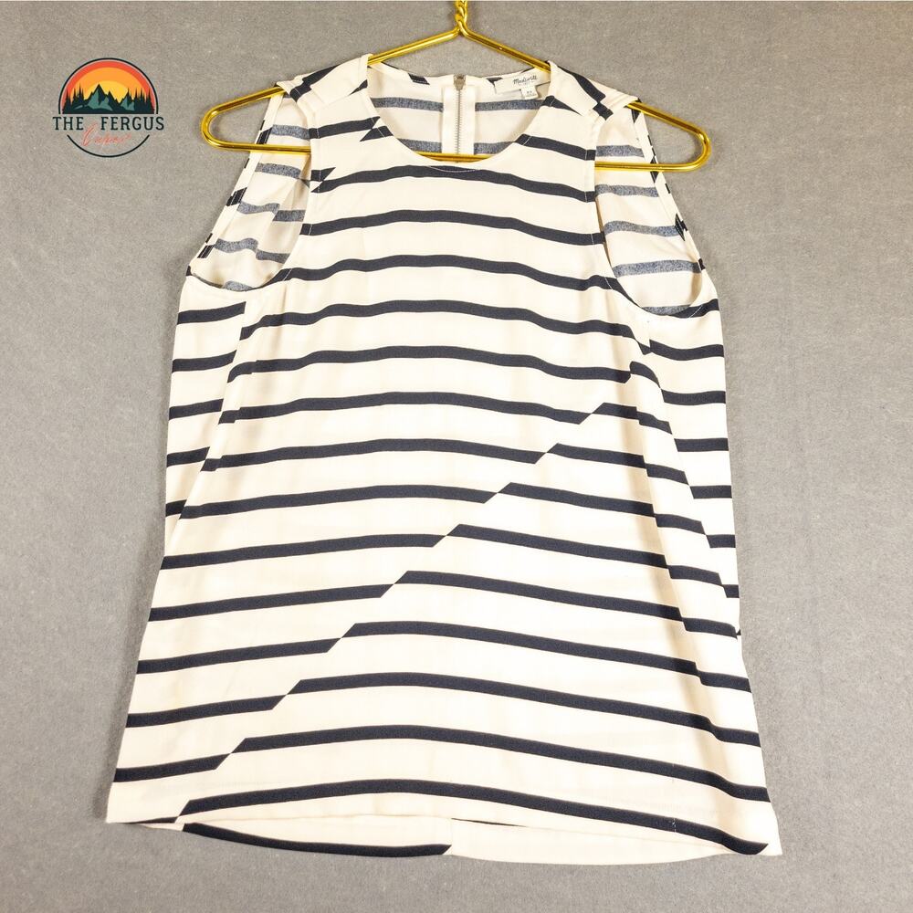 Madewell Crape Black & Cream Asymmetrical Stripe Tank Top Blouse Zipper Sz XS